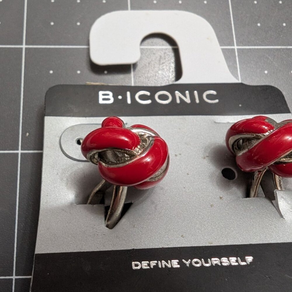 B Iconic cuff links metal red enamel cluster silver tone jacket vtg geometric - Picture 3 of 6